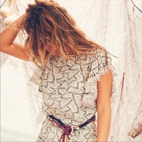 LoveShackFancy Celeste Top Moroccan Leaf Cream black ruffle sleeve - Picture 2 of 13